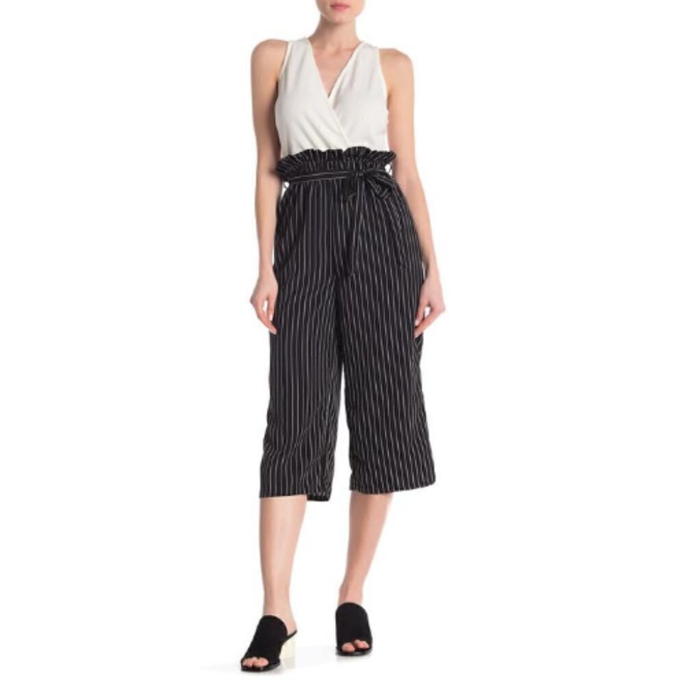 🌺 Paperdoll Black & White Paperbag Gaucho Stripe Jumpsuit Size L NWT